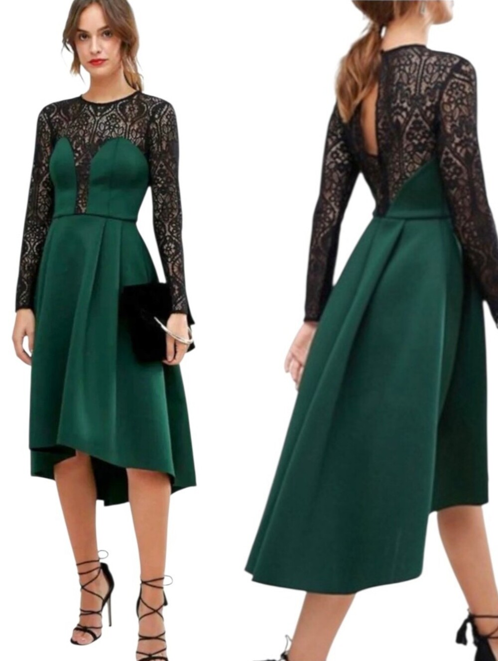 ASOS Dark Green Lace Bodice Scuba Knit High-Low Midi Dress